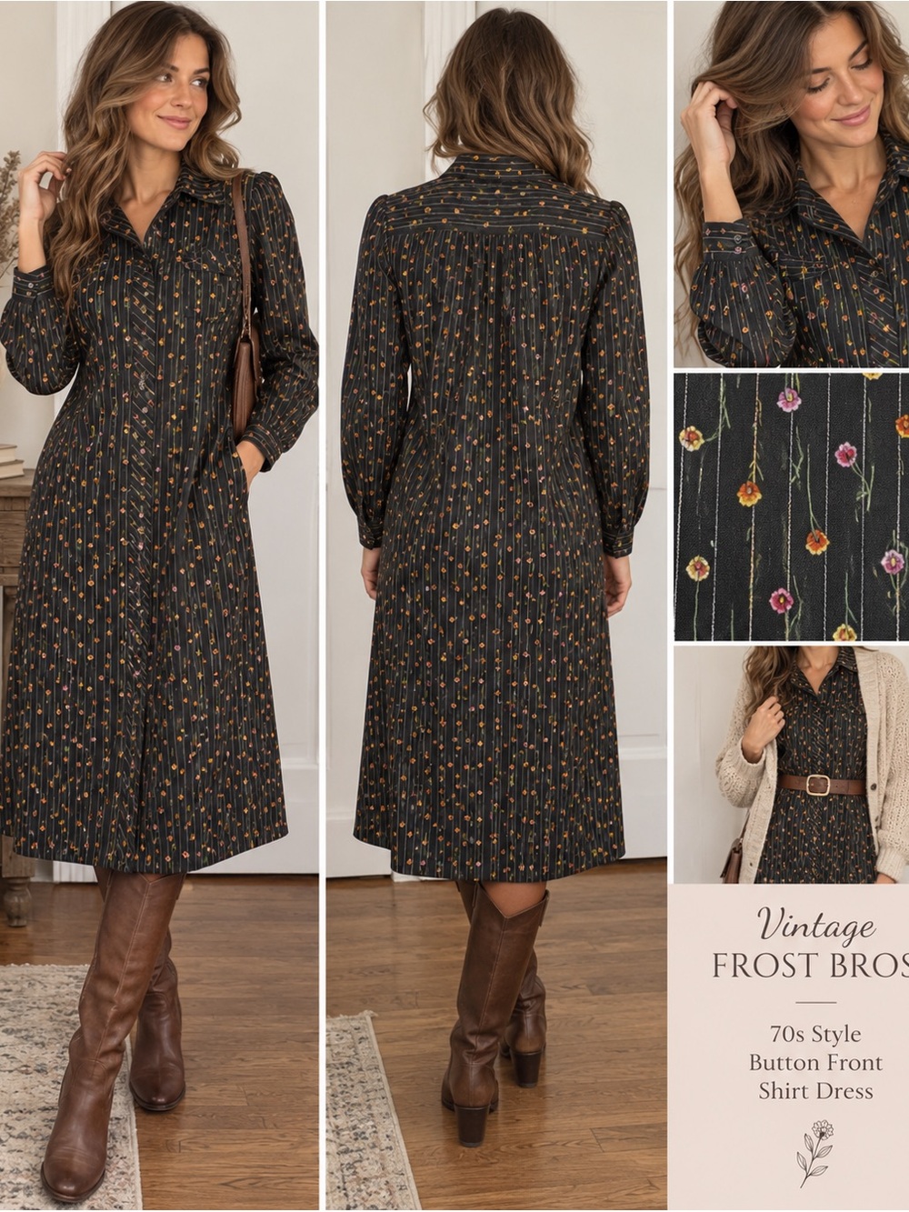 Vintage 70s Frost Bros Floral Button Front Shirt Dress Size 12